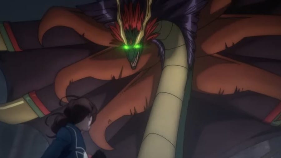 A screenshot of the monster Olrox, towering over Richter Belmont's mother from Castlevania: Nocturne
