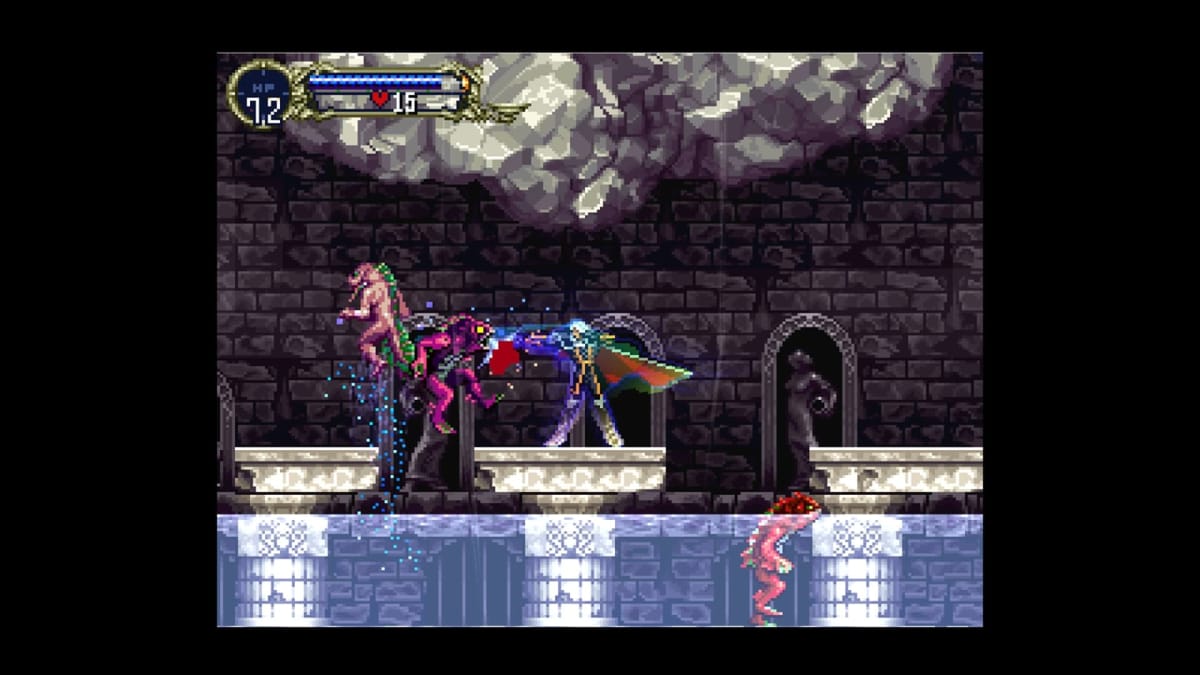Castlevania: symphony of the night in game screenshot of the player mid slash at one of the many demons within the castles walls,