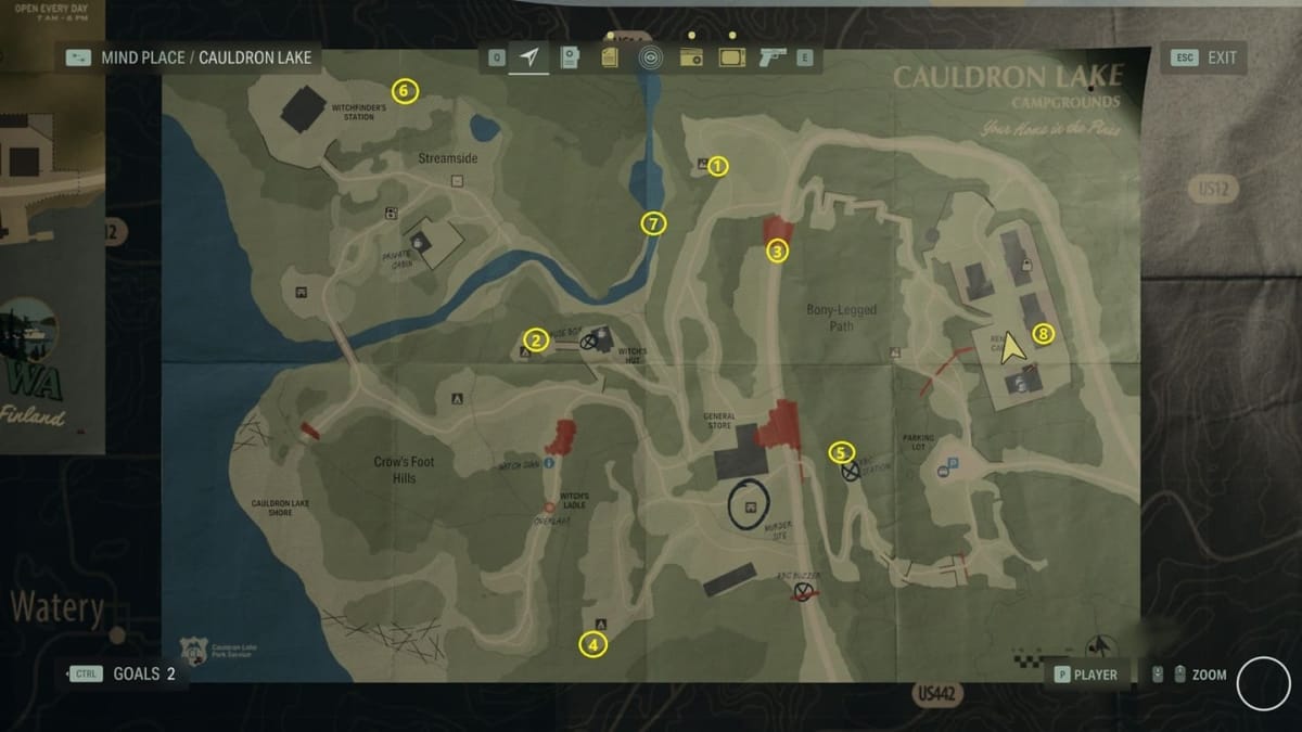 A map of every alex casey lunchbox location in Cauldron Lake in alan wake 2