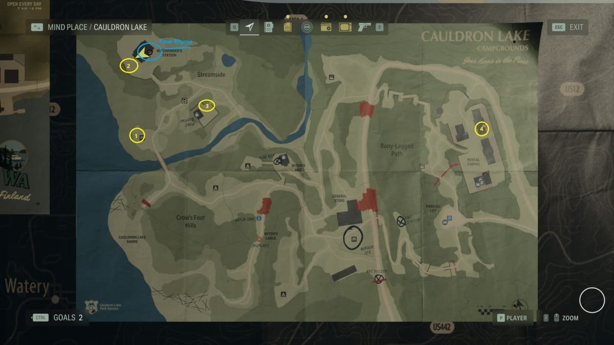 A map of every nursery rhyme location in cauldron lake in alan wake 2