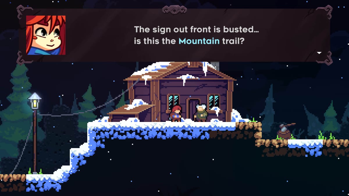 Madeline asking "the sign out front is busted...is this the Mountain trail?" in indie game Celeste, which focuses on mental health