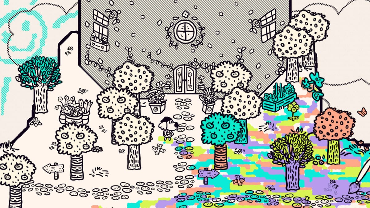 A tower surrounded by trees and partially colored in in Chicory: A Colorful Tale, a game made using GameMaker