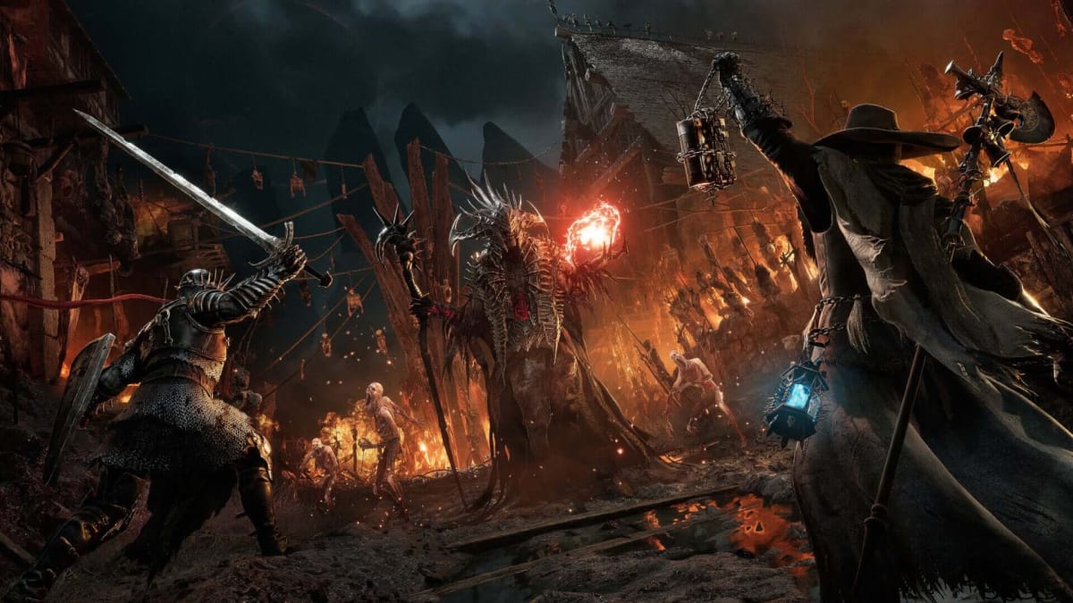Two players confronting a fiery mage enemy in Lords of the Fallen, a CI Games title