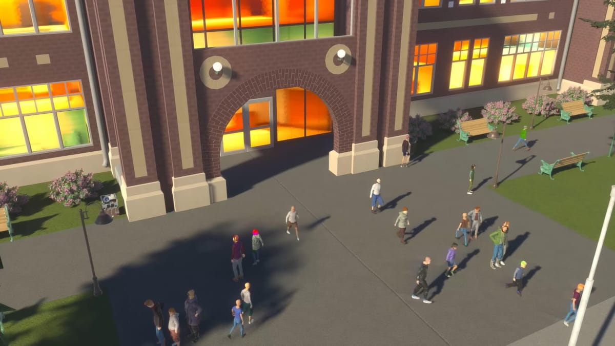 A group of citizens walking around outside a building in Cities: Skylines 2