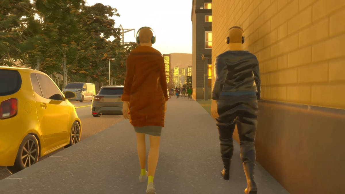 Two citizens walking side by side on a street in Cities: Skylines 2