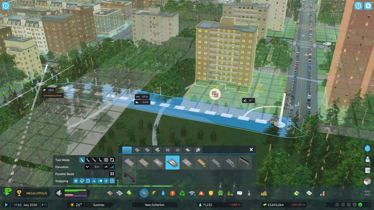 A player building a road across their city in Cities: Skylines 2 (the Steam version was used for this screenshot)
