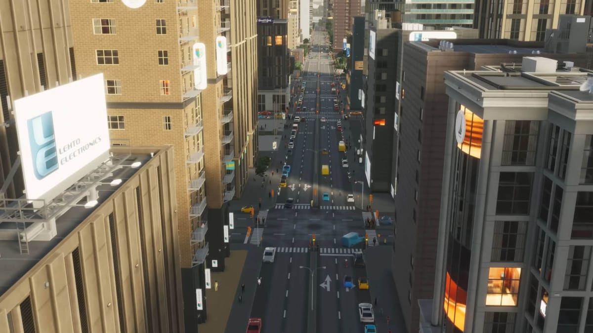 A street view of a city in Cities: Skylines 2