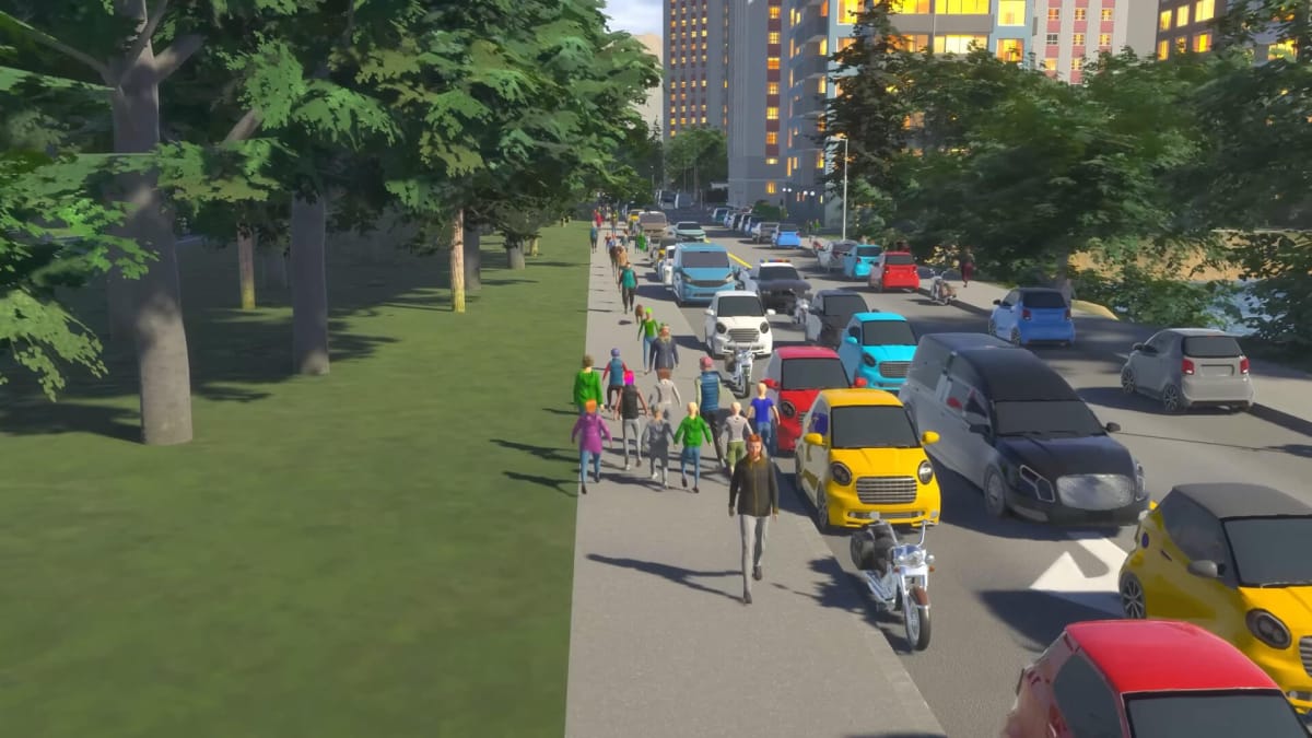 Citizens walking along a pavement next to traffic in Cities: Skylines 2