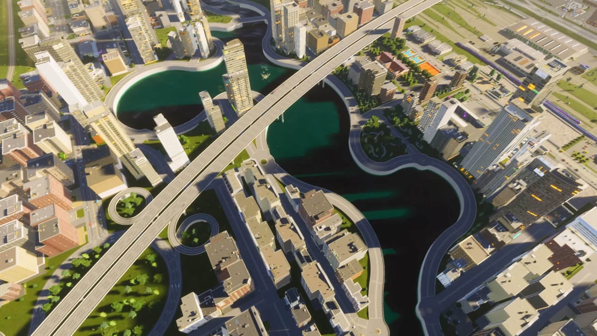 An aerial view of a city in Cities: Skylines 2