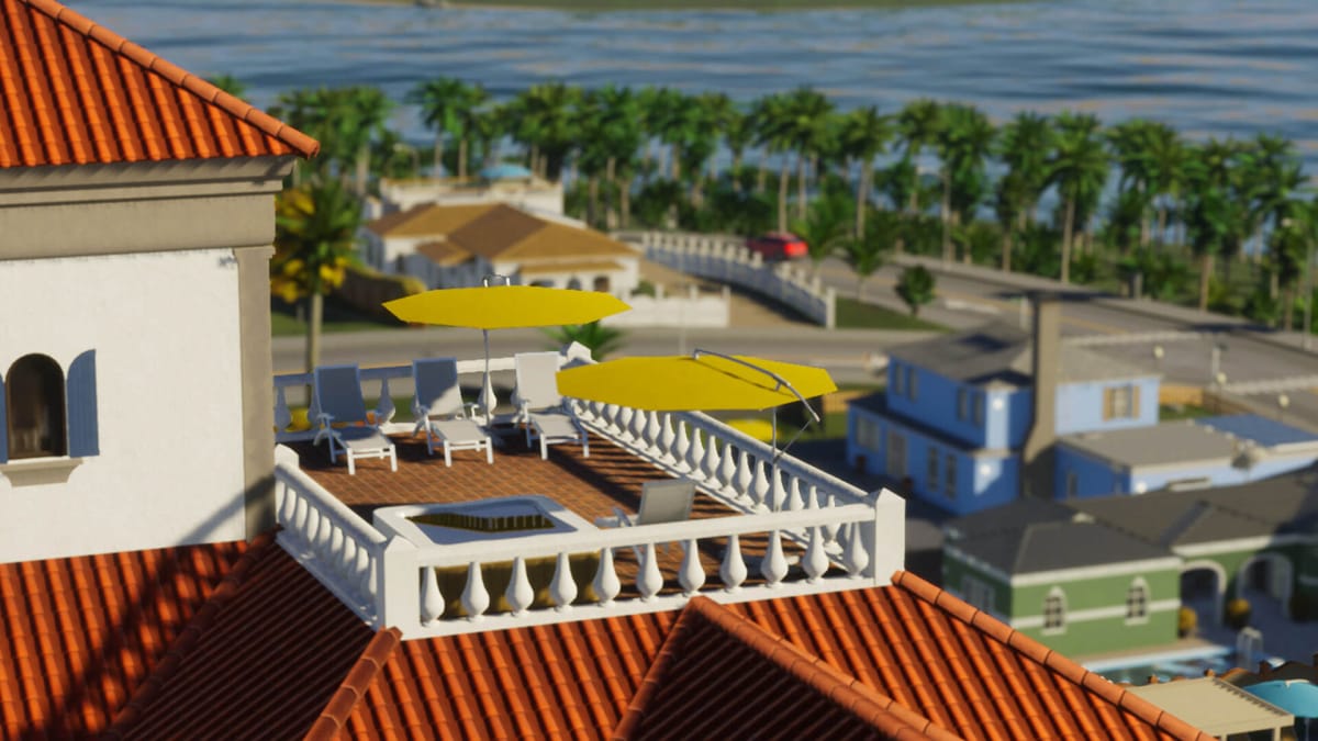 A close-up on one of the properties in Cities: Skylines 2's Beach Properties DLC