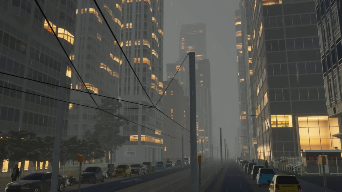 A street view of a city with rainy, overcast skies in Cities: Skylines 2