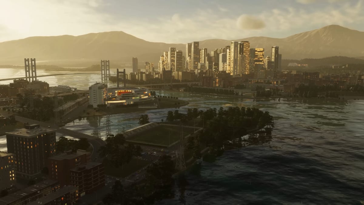 A panoramic view of a city on the water in Cities: Skylines 2