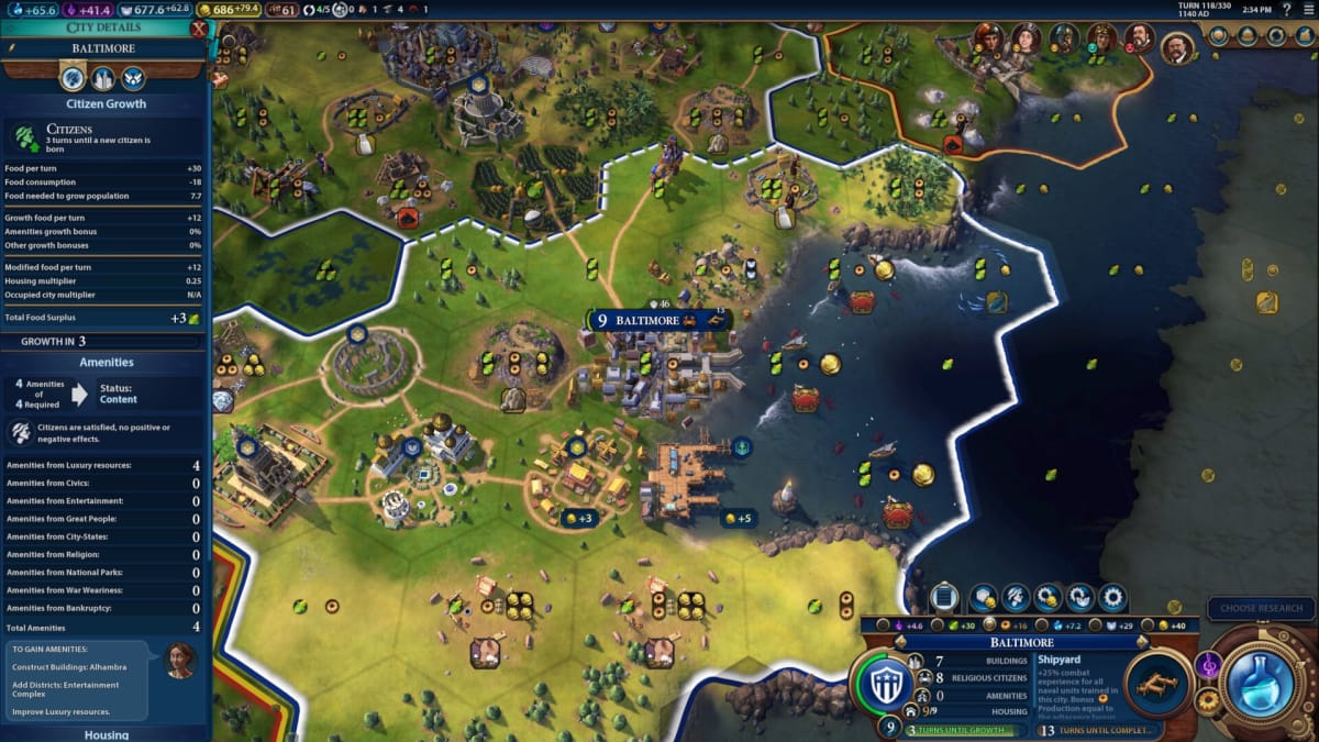 The player looking at the city of Baltimore in an aerial view in Civilization VI