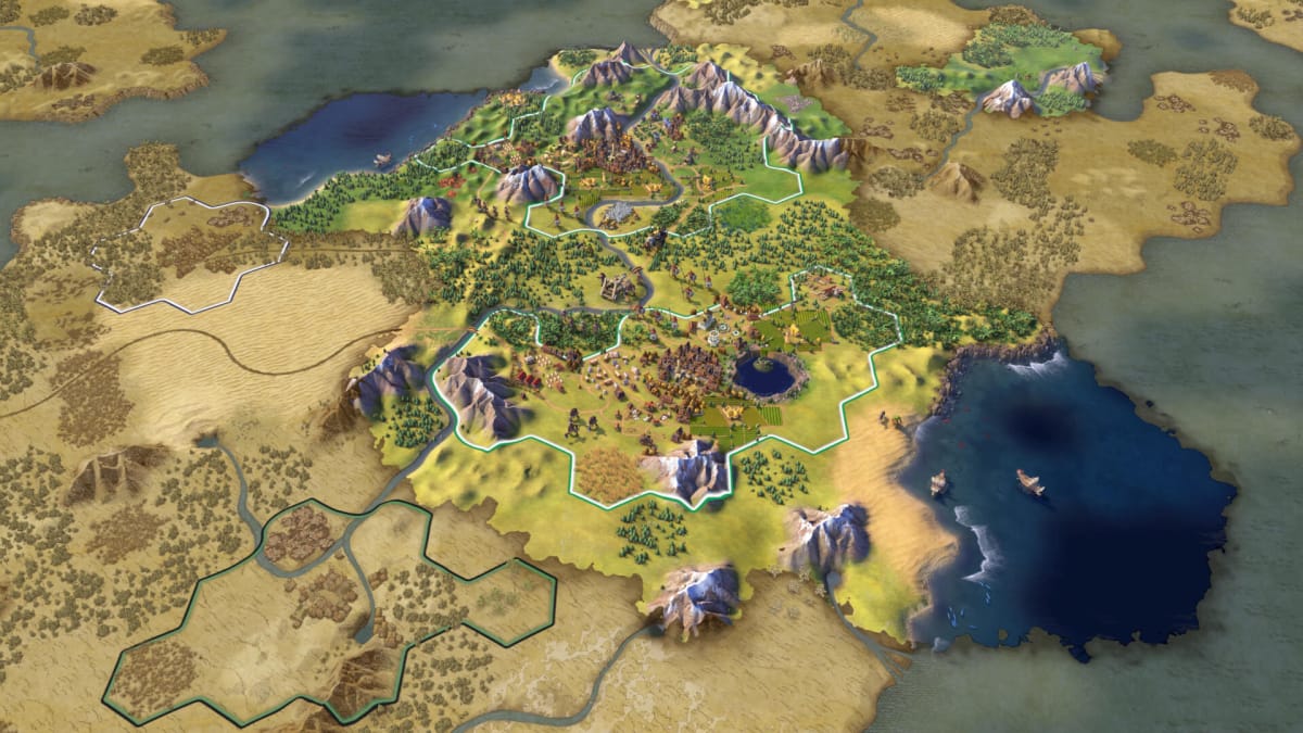 Aerial views of cities with outlines in Civilization VI