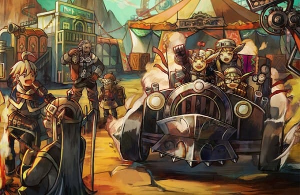 Concept artwork from Cloudbreaker Alliance, featuring two small orks in a vaguely 1920s automobile driving down a market street.