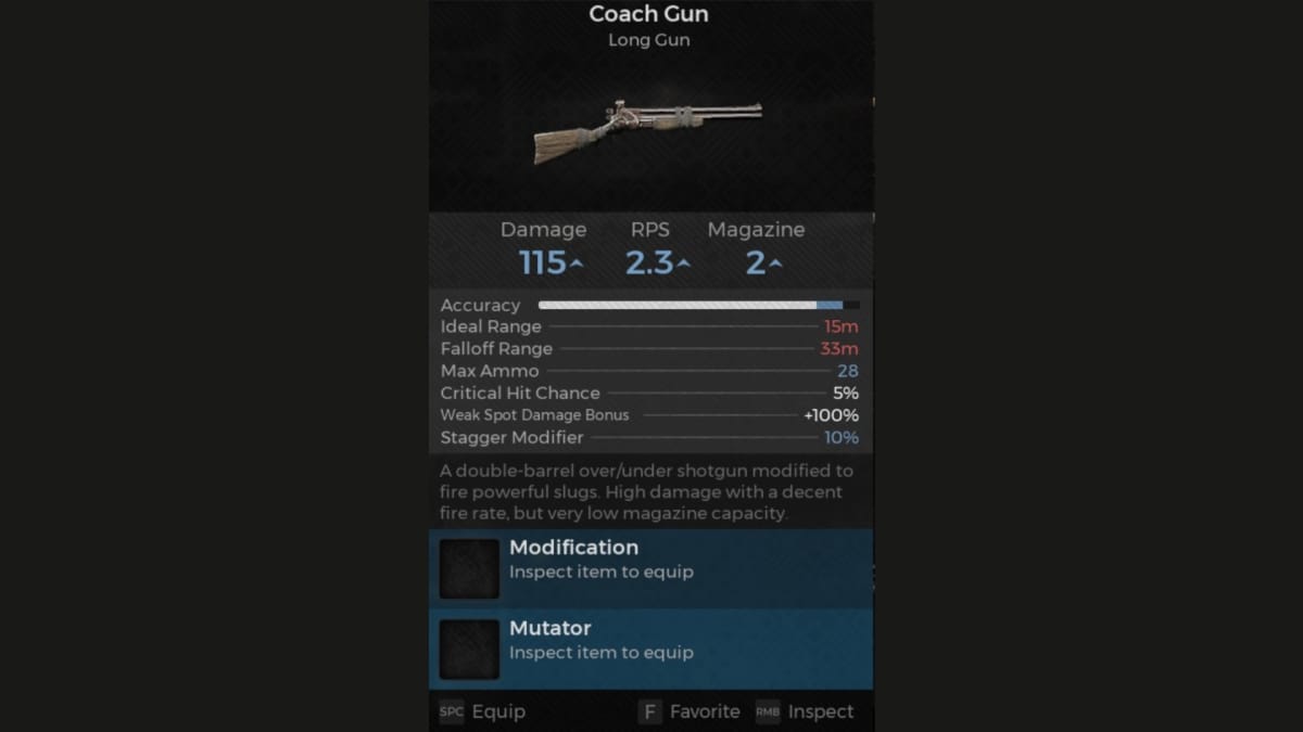 Coach Gun screenshot of weapon panel from Remnant 2