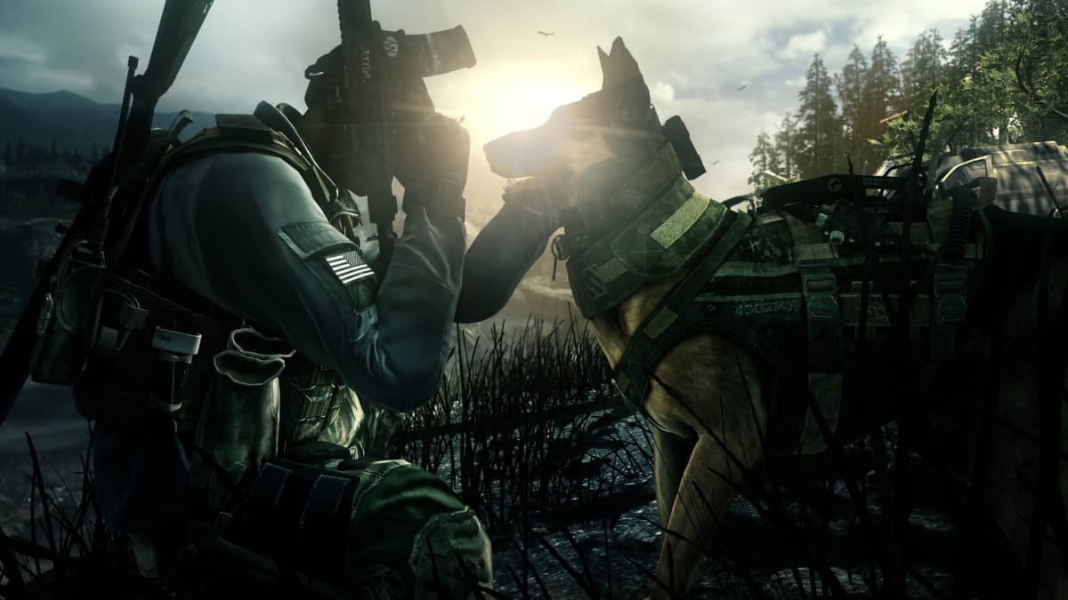A man petting the German shepherd, Riley, in Call of Duty: Ghosts