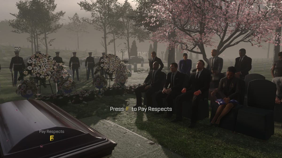 An in-game screenshot of Call of Duty: Advanced Warfare, showcasing the player character being asked to perform a button prompt during a funeral: "Press F to Pay Respects"