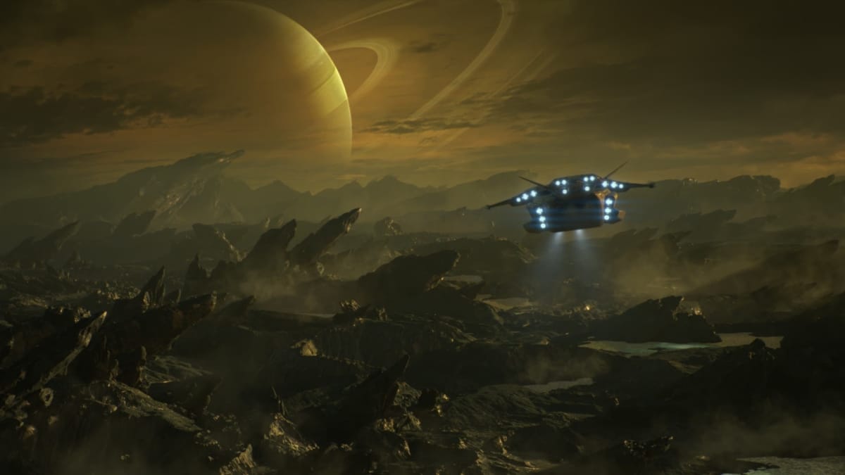 An in-engine screenshot of Infinite Warfare, showcasing a spaceship heading towards a distant planet, with a rocky landscape underneath the ship.