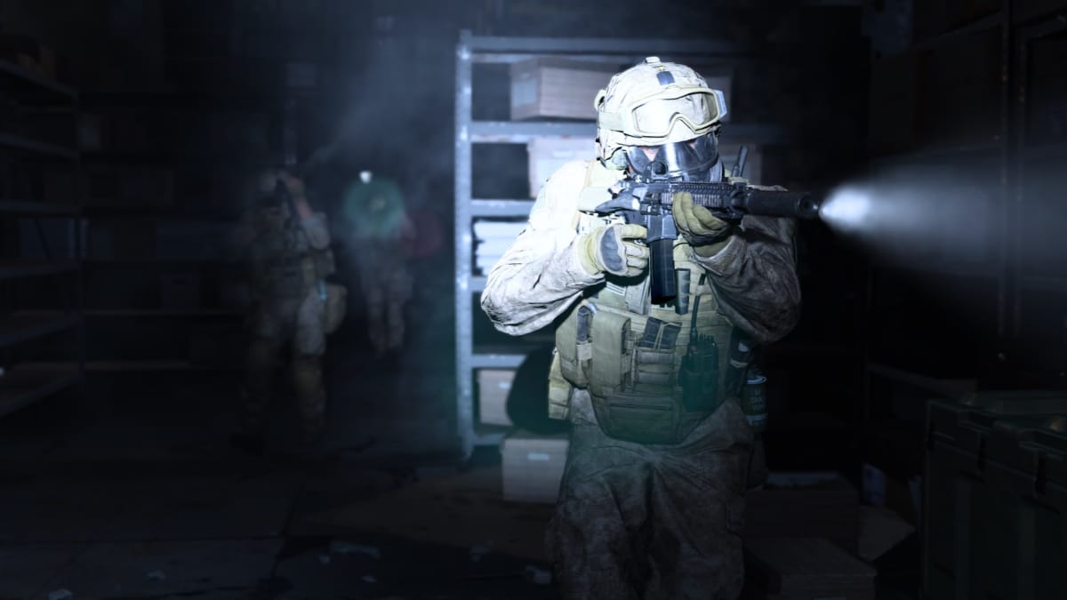 An in-engine screenshot of Call of Duty: Modern Warfare (2019), showcasing a soldier heading towards targets while a flashlight is shined on them.
