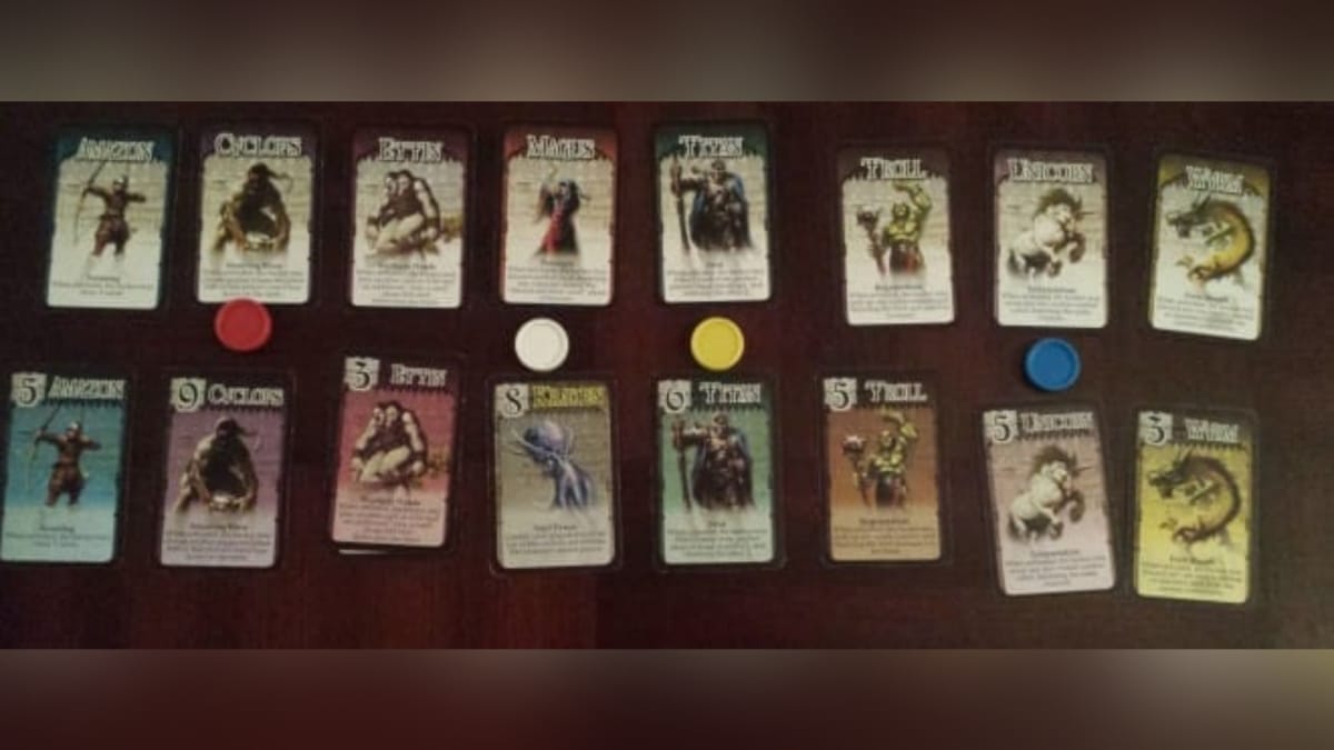 Colossal Arena photo showing a series of creature cards each with an illustration of a monster or humanoid creature