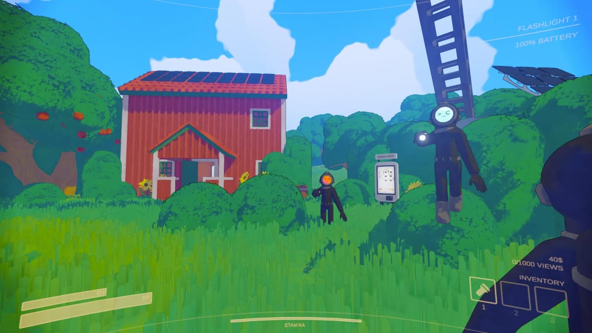 Characters in the game Content Warning gathered outside a barn