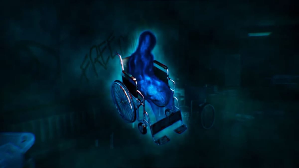 A blue figure in a wheelchair in the Corpse Party II: Darkness Distortion trailer