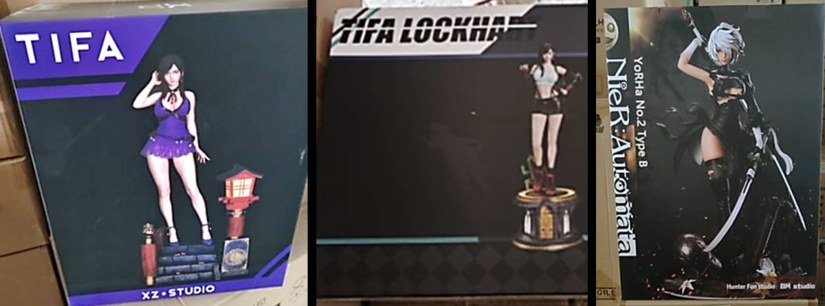 Seized boxes of counterfeit figures of Tifa and 2B from Final Fantasy VII Remake and NieR: Automata