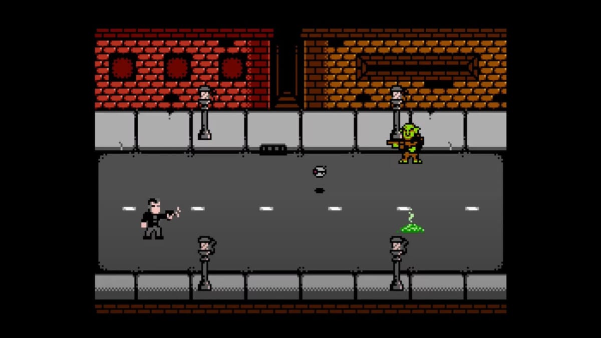 The player shooting at enemies against a cyberpunk city backdrop in NES homebrew game Courier