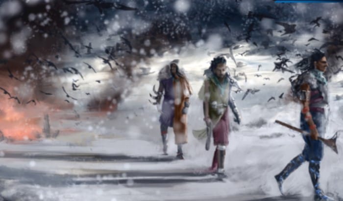 Artwork from Coyote & Crow showing several natives wandering through a blizzard