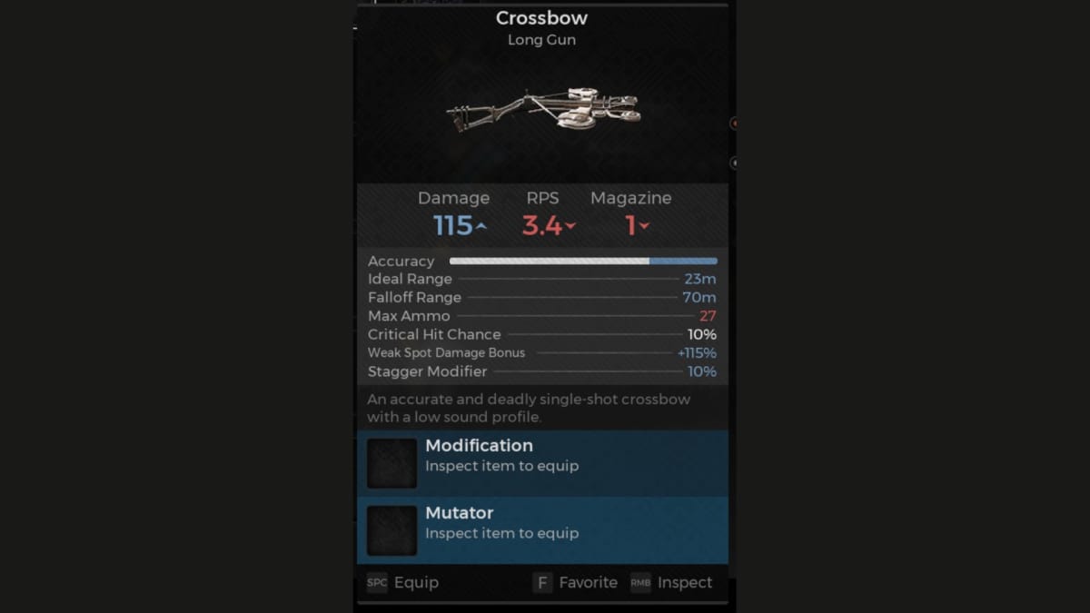 Crossbow screenshot of weapon panel from Remnant 2