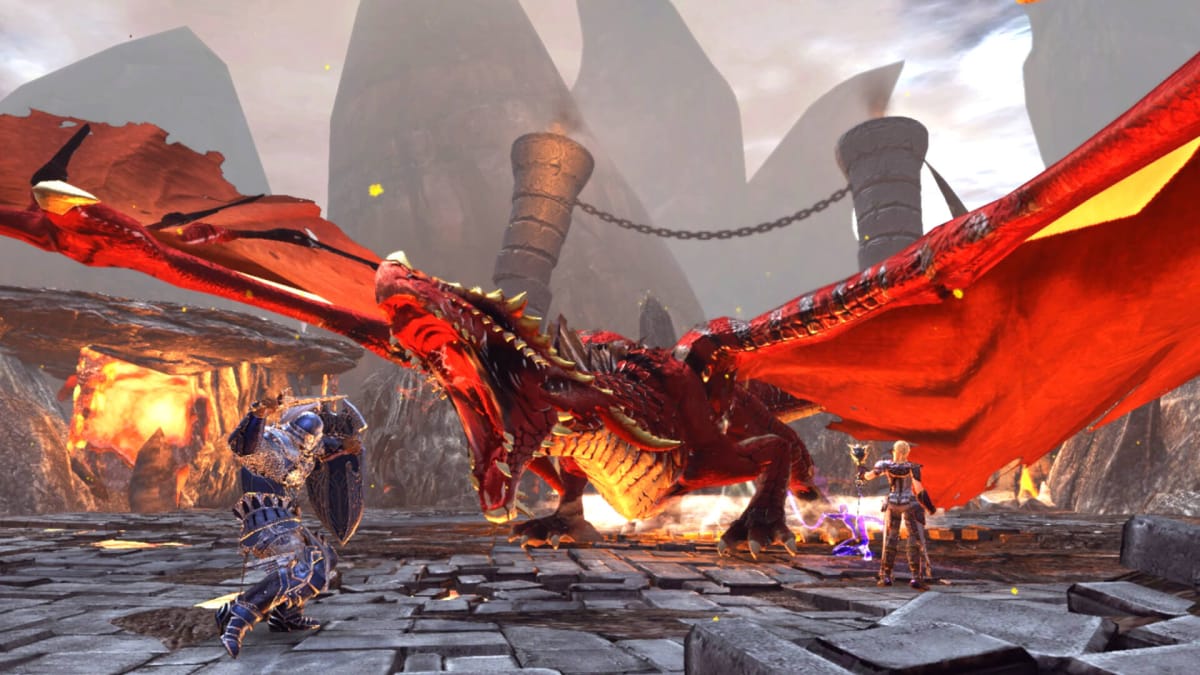 Two players battling a massive red dragon in Neverwinter, a Cryptic Studios game