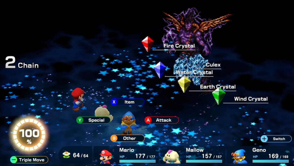 Mario and his party fighting Culex in Super Mario RPG