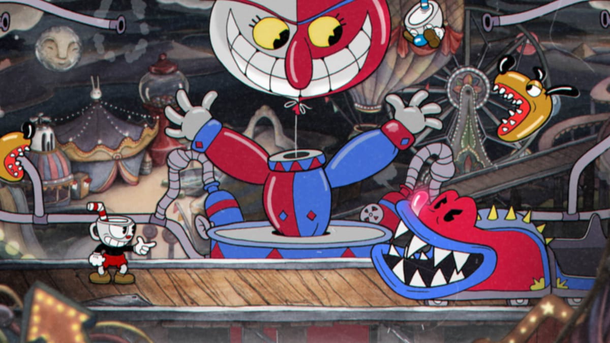 Cuphead fighting a clown-like boss in, well, Cuphead, which is made on Unity