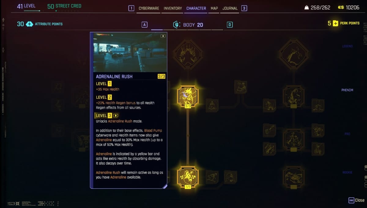 Cyberpunk 2077 Body Perk Tree with Adrenaline Rush highlighted showing it gives +35 Health at level 1, +20% Health Regen bonus at level 2, and at level 3 unlocks Adrenaline Rush mode. In addition to their base effects, Blood Pump cyberware and Health Items now also give Adrenaline equal to 30% Max Health. Adrenaline is indicated by a yellow bar and acts like extra Health by absorbing damage. It also decays over time. Adrenaline Rush will remain active as long as you have Adrenaline available.