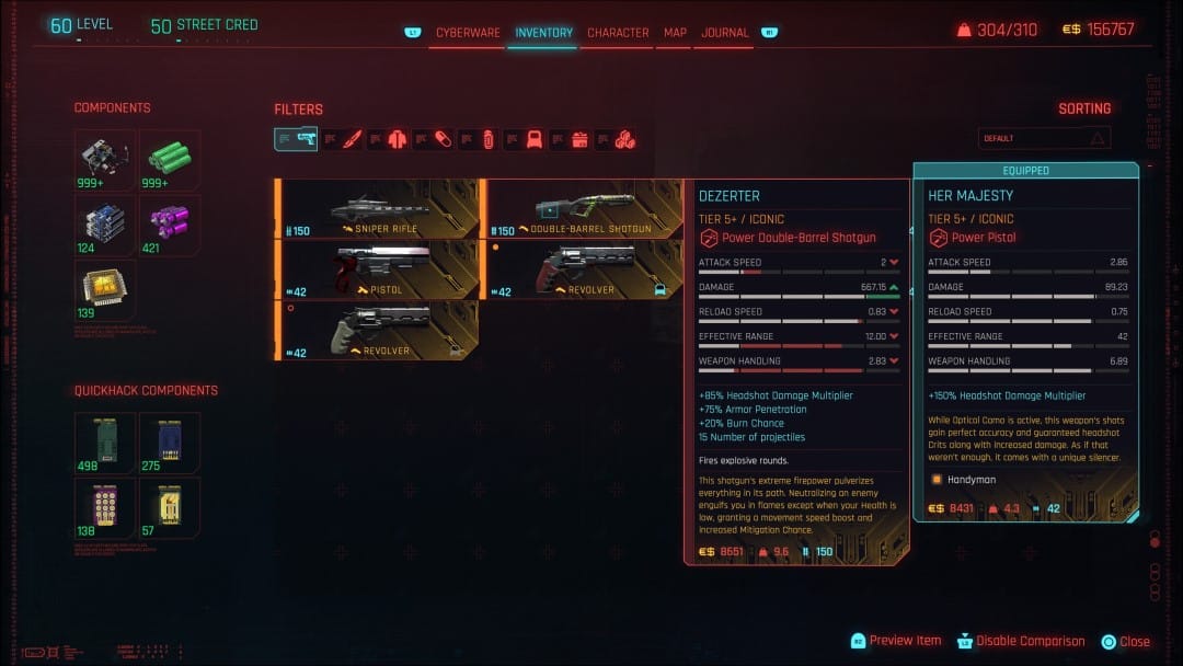 The gear menu screen from Cyberpunk 2077 Phantom Liberty showing the stats for the Dezerter Shotgun
