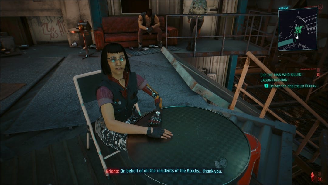 The client Briana talking to V from the Cyberpunk 2077 Phantom Liberty Addicted to Chaos side story