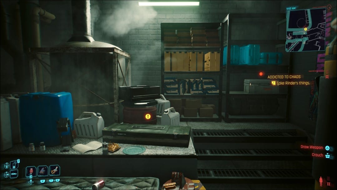 A screenshot of Rinder's supply cache from the Cyberpunk 2077 Phantom Liberty Addicted to Chaos side mission