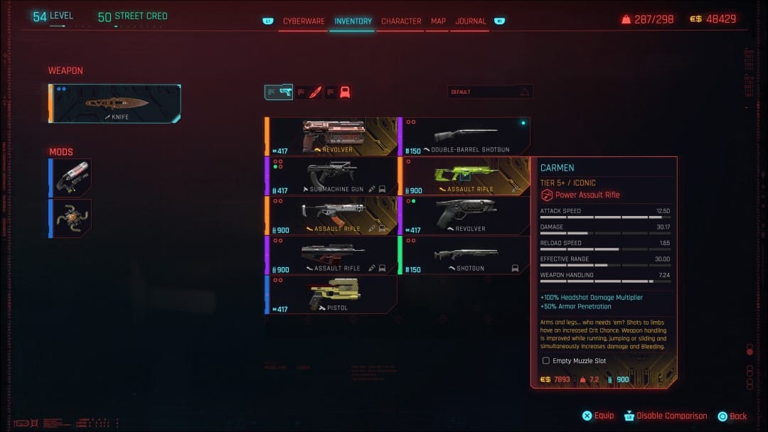A paused gear screen showing the stats of the Carmen assault rifle from Cyberpunk 2077 Phantom Liberty