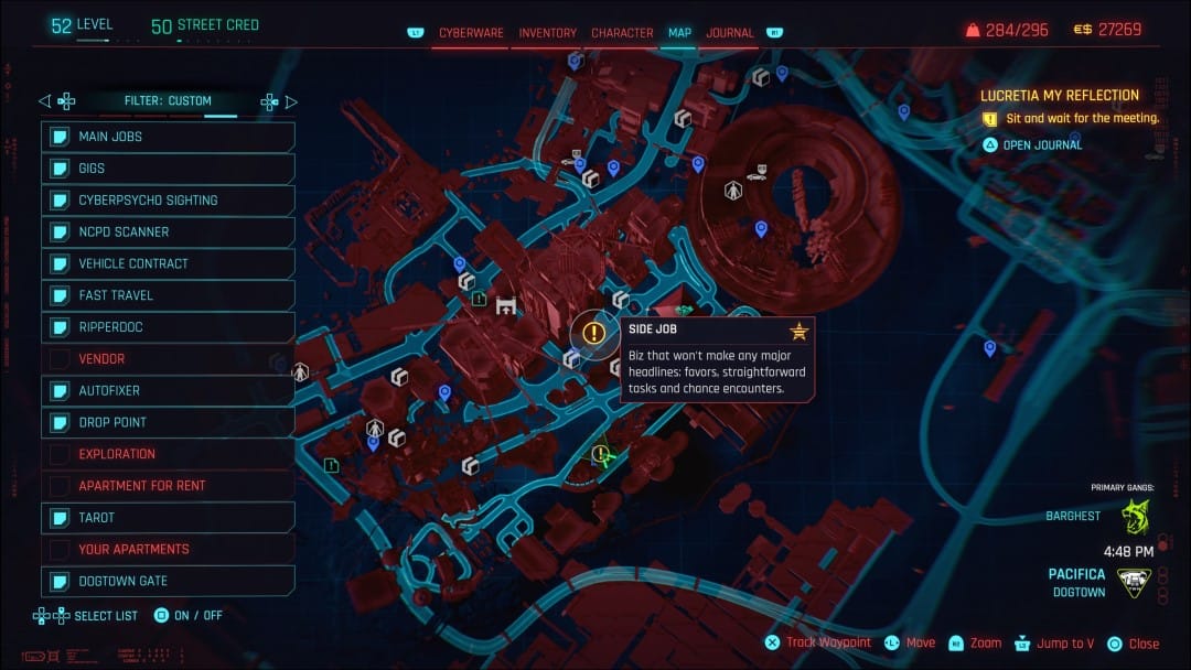The map location for the Cyberpunk 2077 Phantom Liberty Balls To The Wall Gig Location shown in-game