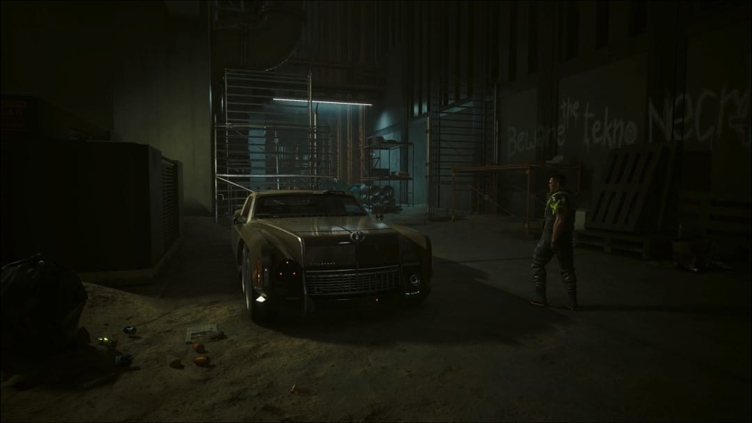 A screenshot from Cyberpunk 2077 Phantom Liberty Balls To The Wall gig of Paco and his car.