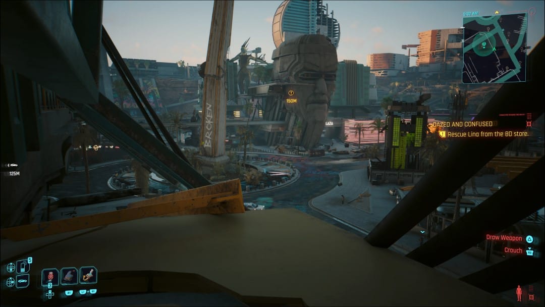 A screenshot of Dogtown, the Brainporium building in the center from the Cyberpunk 2077 Phantom Liberty Dazed and Confused side story