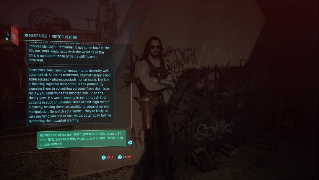 A text screen showing messages from Viktor regarding the events of the Cyberpunk 2077 Phantom Liberty Dazed and Confused side story