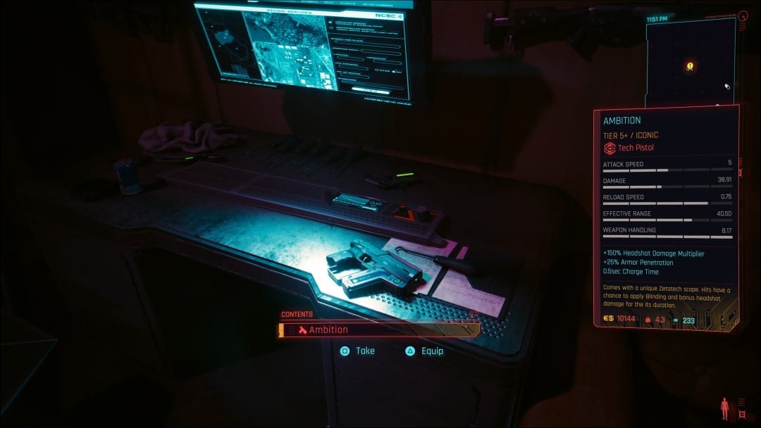 A screenshot showing the Ambition tech pistol on a computer desk, stat screen visible, from the Cyberpunk 2077 Phantom Liberty Go Your Own Way side story