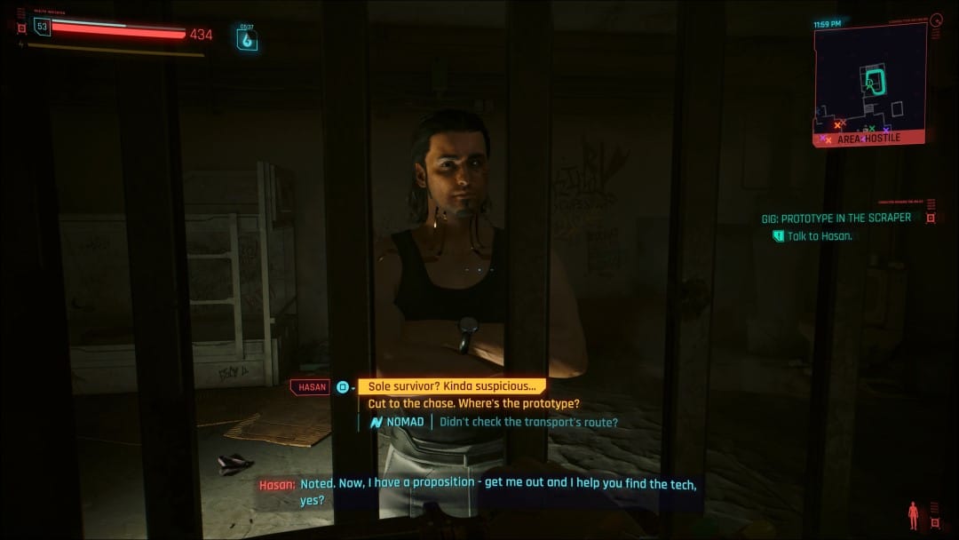 A screenshot of Hasan in his cell from the Cyberpunk 2077 Phantom Liberty Go Your Own Way side story