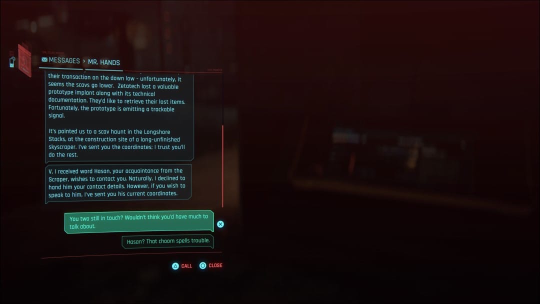 A series of text messages from Mr. Hands stating Hasan wants to contact V from the Cyberpunk 2077 Phantom Liberty Go Your Own Way side story
