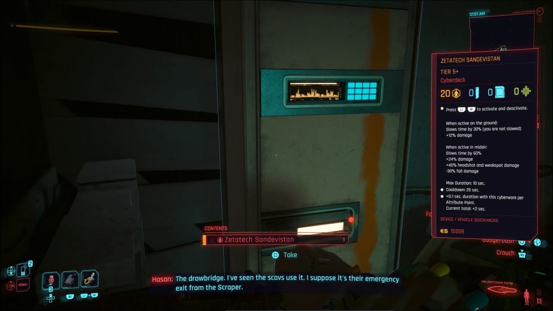 A screenshot of an opened locker and a window showing a Zetatech Sandivistan from the Cyberpunk 2077 Phantom Liberty Go Your Own Way side story