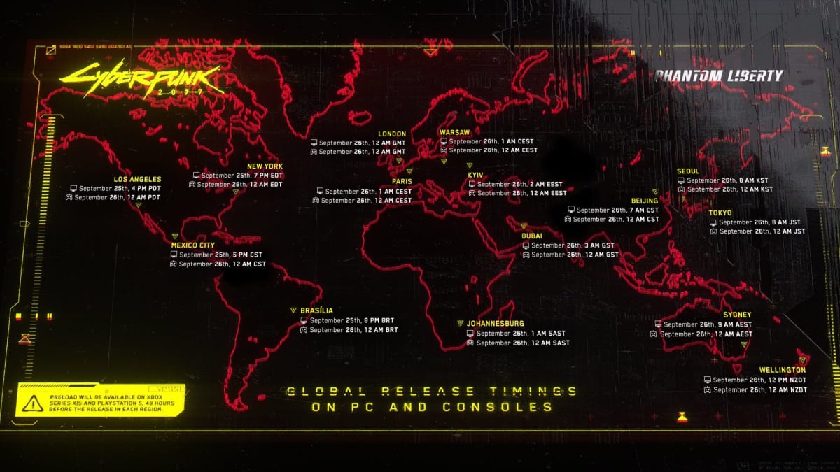 A map of the world with the Cyberpunk 2077: Phantom Liberty launch timings imposed onto it