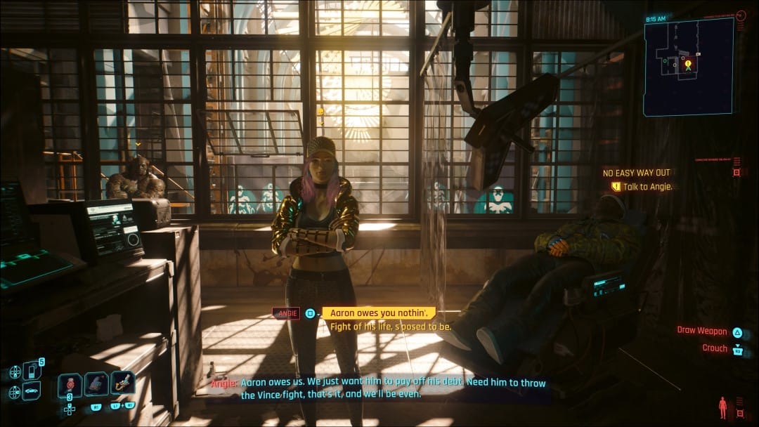 Angie standing in a ripperdoc clinic, Aaron is in the background under the knife, as seen in the Cyberpunk 2077 Phantom Liberty No Easy Way Out side story