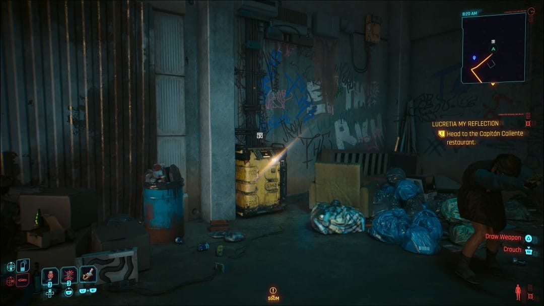 A screenshot of a dirty alleyway showing the location of a Relic Cache from Cyberpunk 2077 Phantom Liberty